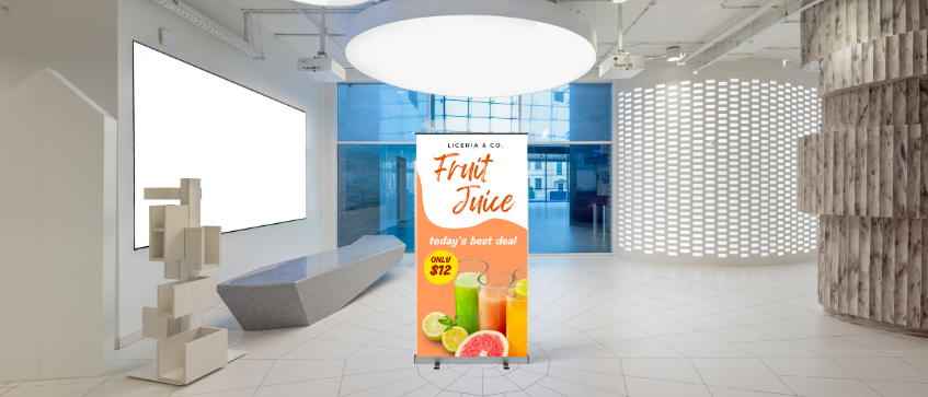 Roll up banner for fruit juice sale at a trade show event